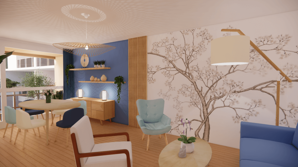 Rénovation et aménagement d’un appartement parisien dans une ambiance bord de mer, aux teintes bleu et blanc, matériaux bois, lin, lumière douces, papier peint panoramique, tasseaux bois, plantes d'intérieur, cadres inspirants, bibliothèque, parquet en chêne massif