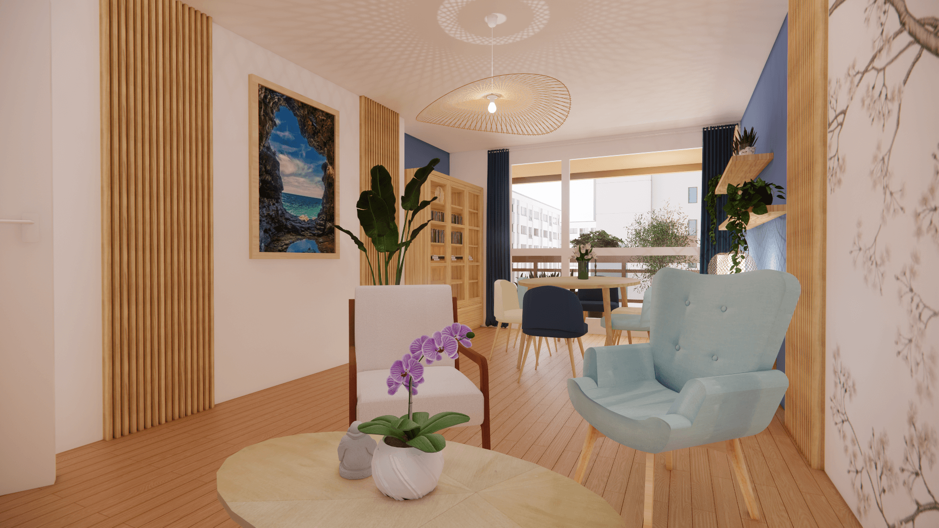 Rénovation et aménagement d'un appartement parisien dans une ambiance bord de mer, aux teintes bleu et blanc, matériaux bois, lin, lumière douces, papier peint panoramique, tasseaux bois, plantes d'intérieur, cadres inspirants, bibliothèque, parquet en chêne massif