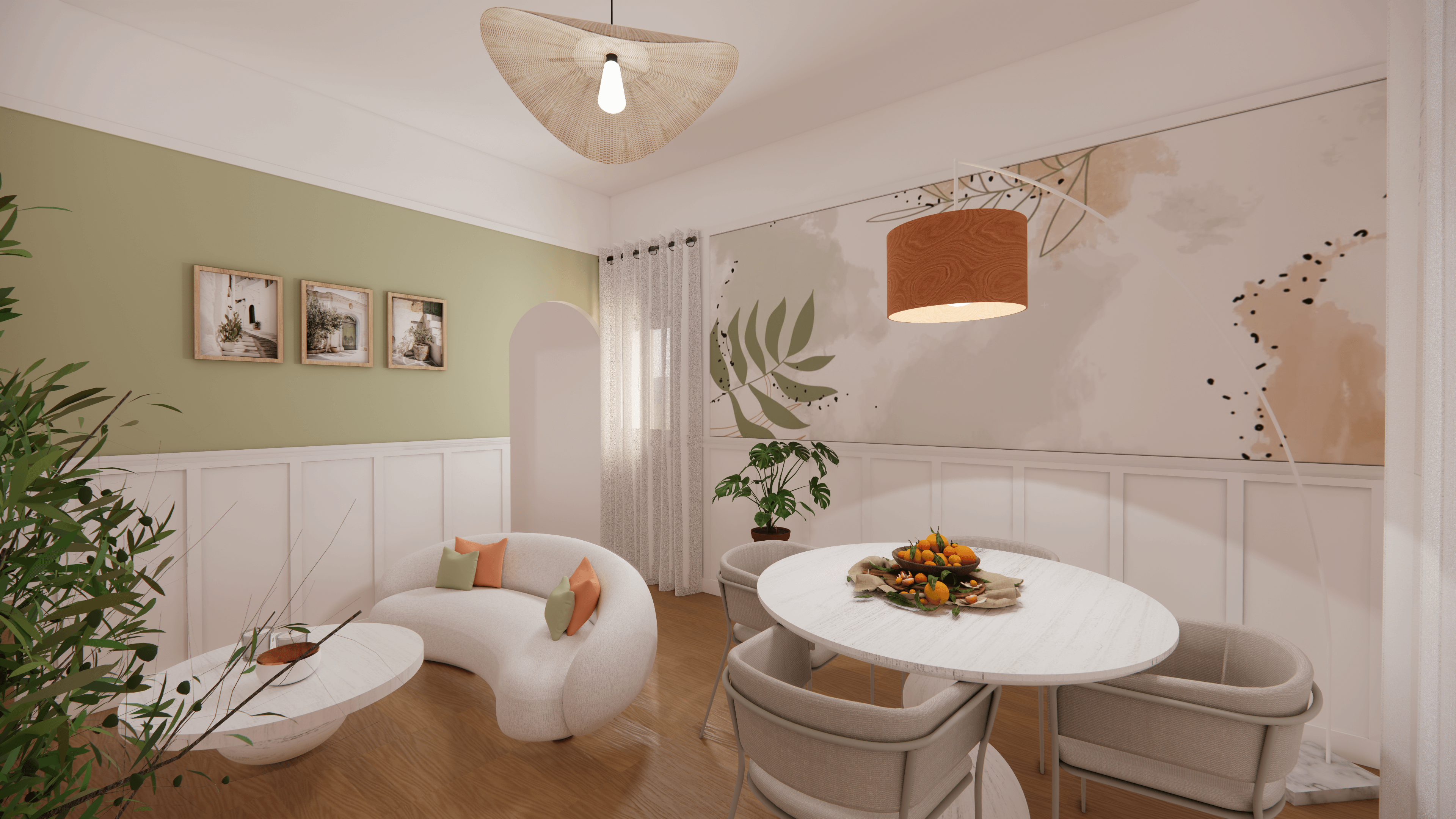 Aménagement et rafraichissement d'une pièce de vie dans un appartement dans une ambiance Dolce Vita, couleur douces, pastels, vert, pêche, soubassement DIY, voilages, bois blanchi, papier peint panoramique, meuble sur mesure, canapé cacahuète en laine effet bouclette