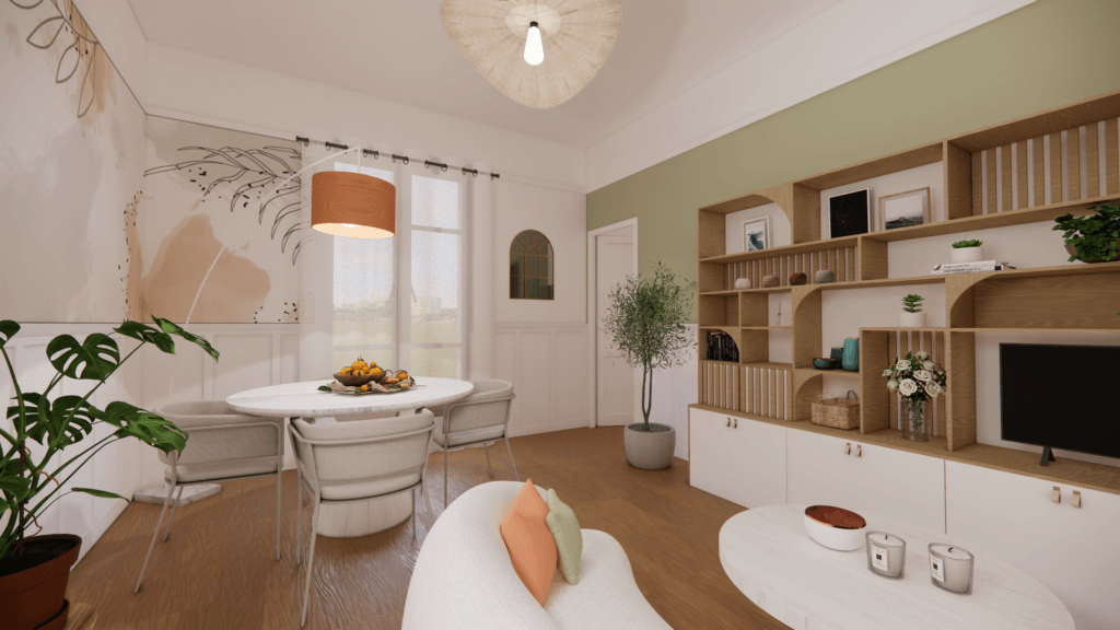 Aménagement et rafraichissement d'une pièce de vie dans un appartement dans une ambiance Dolce Vita, couleur douces, pastels, vert, pêche, soubassement DIY, voilages, bois blanchi, papier peint panoramique, meuble sur mesure, canapé cacahuète en laine effet bouclette