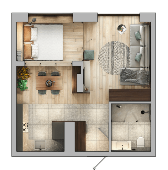 Plan du dessus d'un petit appartement optimisé, cuisiné équipée, coin nuit, baie vitrée