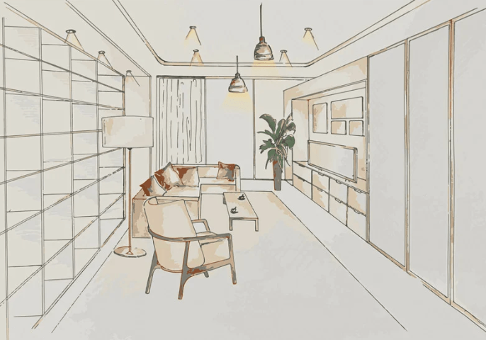 Croquis d'une vue en perspective d'un appartement optimisé, agencement sur mesure