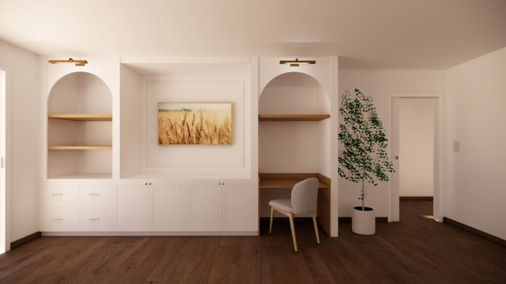 Salon méditerranéen avec meuble sur mesure, arche, éclairage, bureau, télétravail