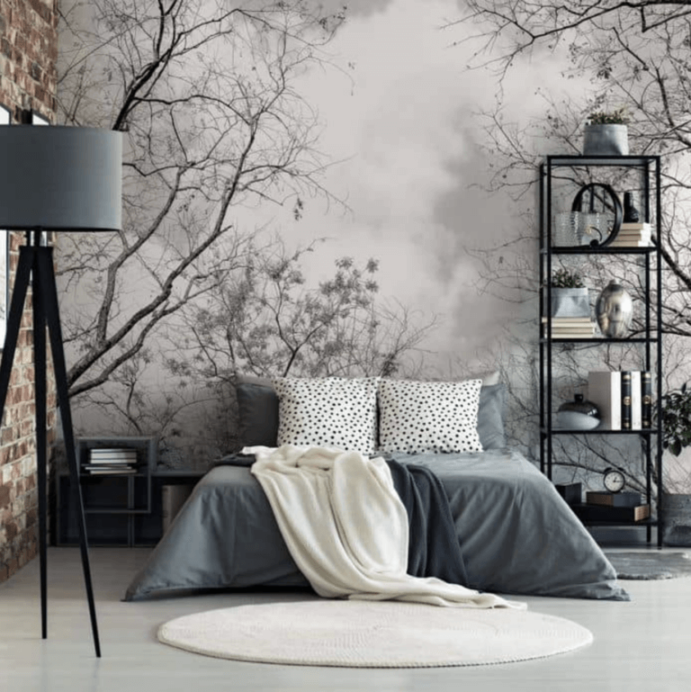 Chambre ambiance masculine et sobre, tendance bleu et gris, apaisant