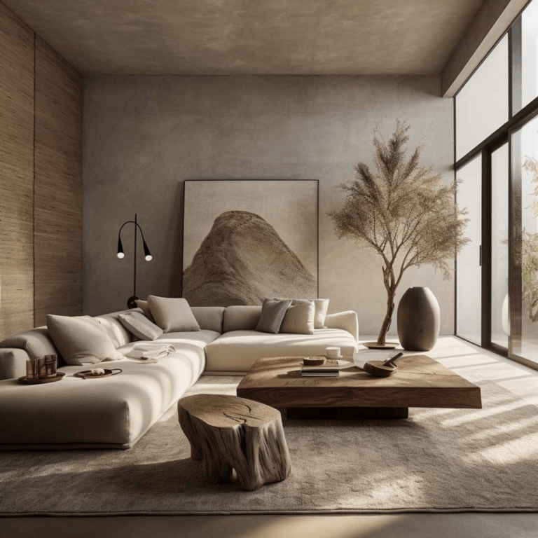 Salon avec canapé XXL avec vue sur la nature dans une ambiance Wabi sabi