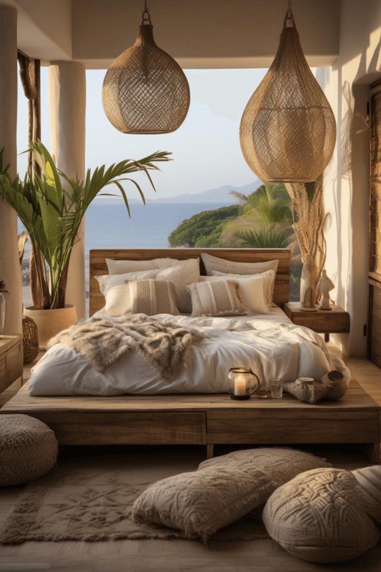 Une chambre extérieur dans une ambiance jungle à Bali, vue sur la mer, coussins et linge de lit en matière naturelle, suspension en rotin naturel, coucher de soleil