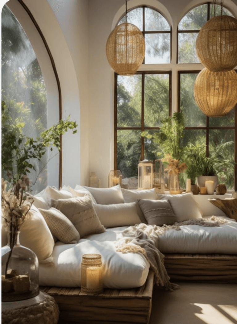 Ambiance détente avec ce canapé XXL et des baies vitrées pour une luminosité intense et une vue panoramique, coussins, vase, plaid, lustres