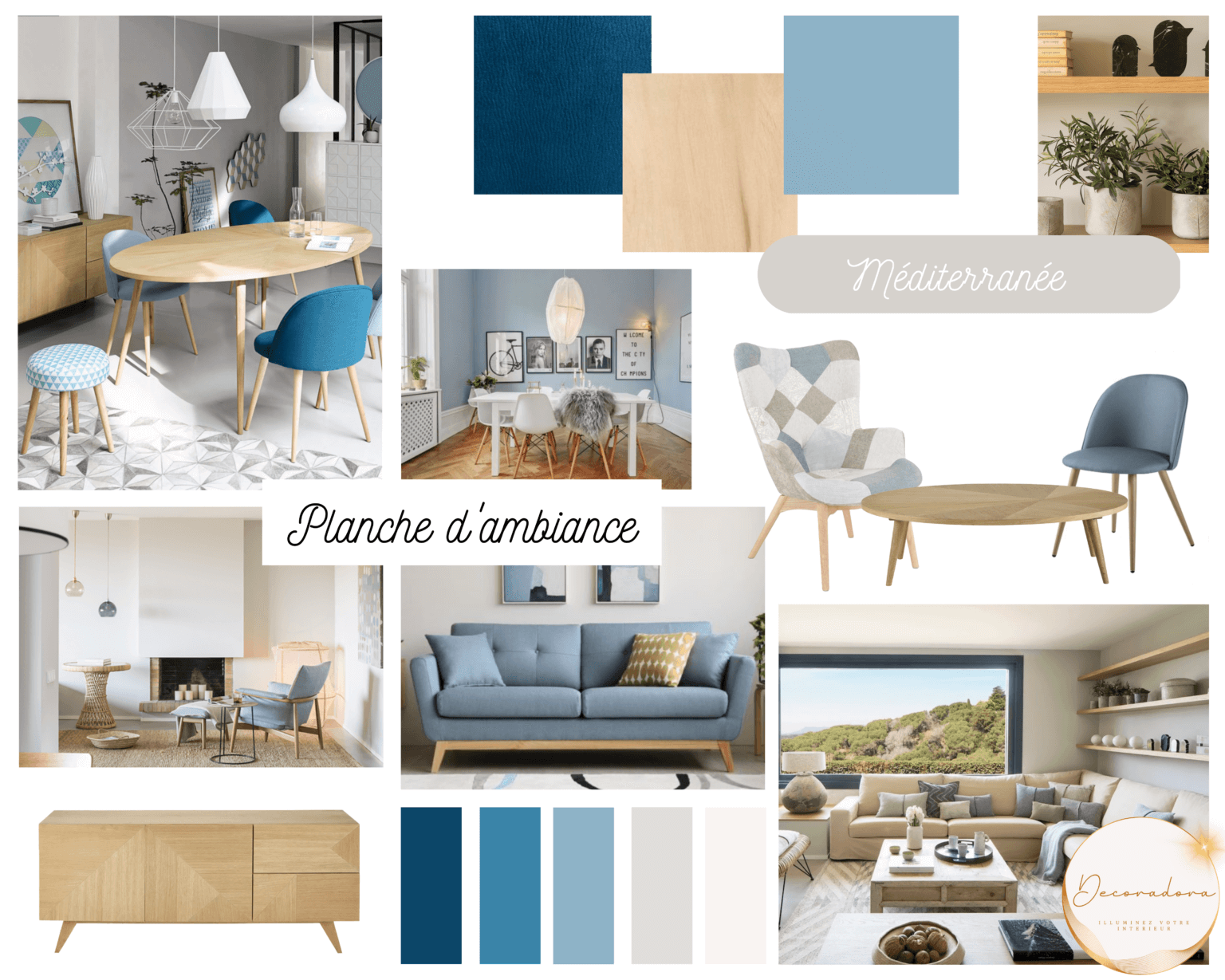 Planche d'ambiance Méditerranée, couleur bleu, blanc, beige, matériaux bois, lin, peinture, mobilier thème bord de mer