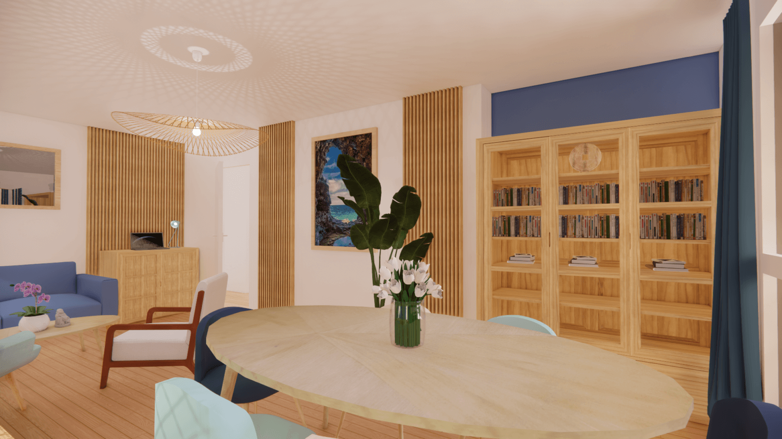 Rénovation et aménagement d’un appartement parisien dans une ambiance bord de mer, aux teintes bleu et blanc, matériaux bois, lin, lumière douces, papier peint panoramique, tasseaux bois, plantes d'intérieur, cadres inspirants, bibliothèque, parquet en chêne massif
