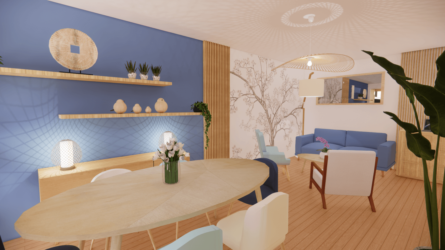Rénovation et aménagement d’un appartement parisien dans une ambiance bord de mer, aux teintes bleu et blanc, matériaux bois, lin, lumière douces, papier peint panoramique, tasseaux bois, plantes d'intérieur, cadres inspirants, bibliothèque, parquet en chêne massif