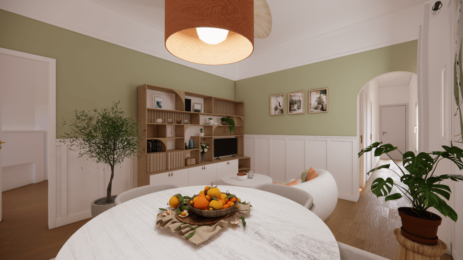 Aménagement et rafraichissement d'une pièce de vie dans un appartement dans une ambiance Dolce Vita, couleur douces, pastels, vert, pêche, soubassement DIY, voilages, bois blanchi, papier peint panoramique, meuble sur mesure, canapé cacahuète en laine effet bouclette
