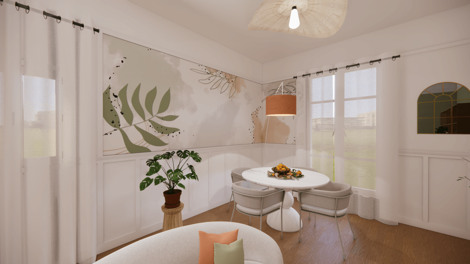 Aménagement et rafraichissement d'une pièce de vie dans un appartement dans une ambiance Dolce Vita, couleur douces, pastels, vert, pêche, soubassement DIY, voilages, bois blanchi, papier peint panoramique, meuble sur mesure, canapé cacahuète en laine effet bouclette