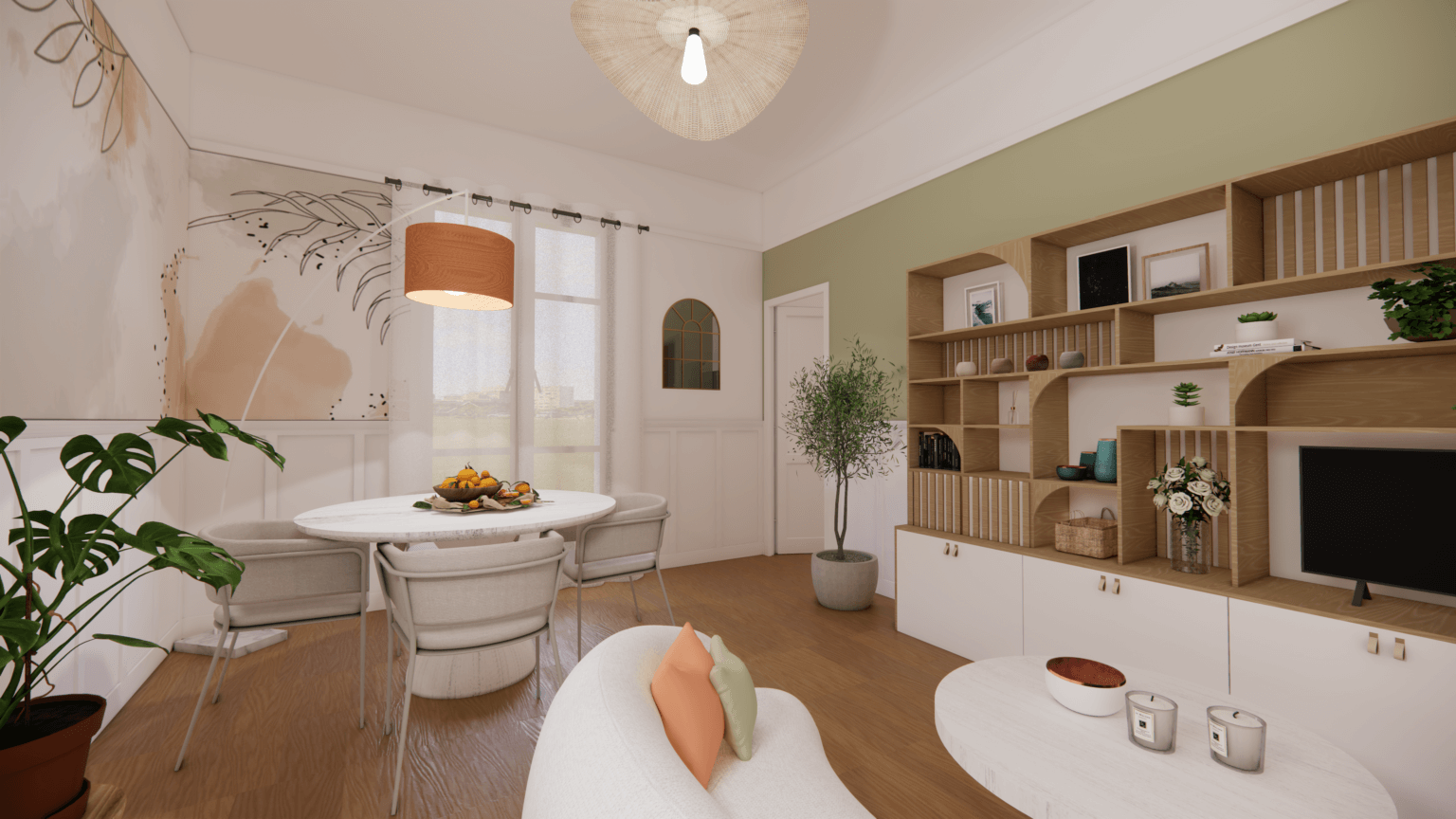 Aménagement et rafraichissement d'une pièce de vie dans un appartement dans une ambiance Dolce Vita, couleur douces, pastels, vert, pêche, soubassement DIY, voilages, bois blanchi, papier peint panoramique, meuble sur mesure, canapé cacahuète en laine effet bouclette