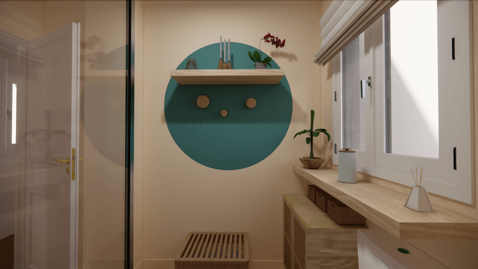 Peinture naturelle, lin, étagère bois, décoration zen, banc sticker mural
