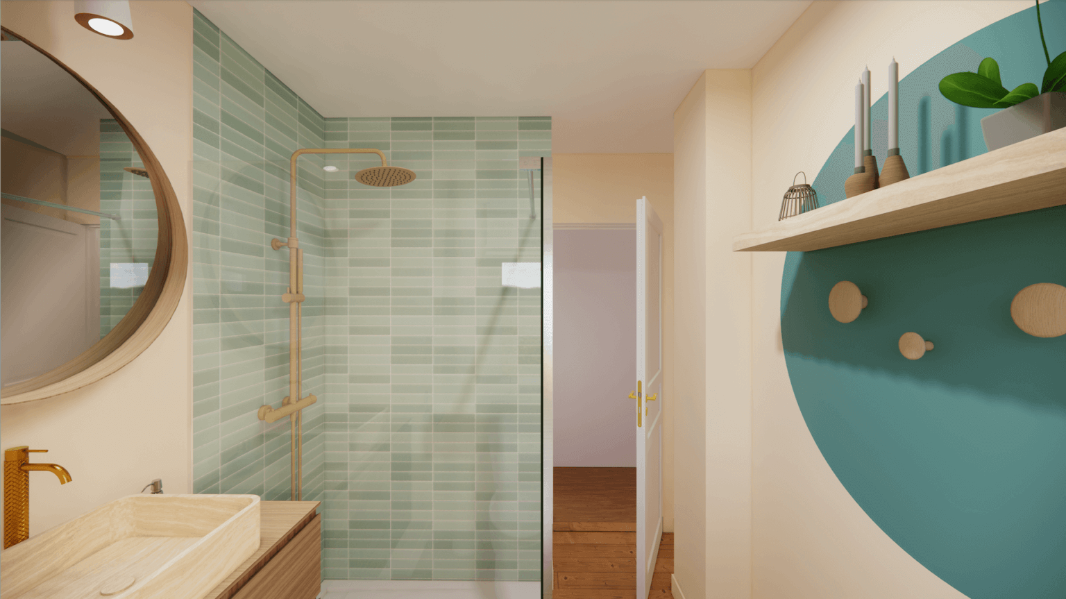 Douche italienne, robinetterie laiton doré brossé, carrelage zellige, vert